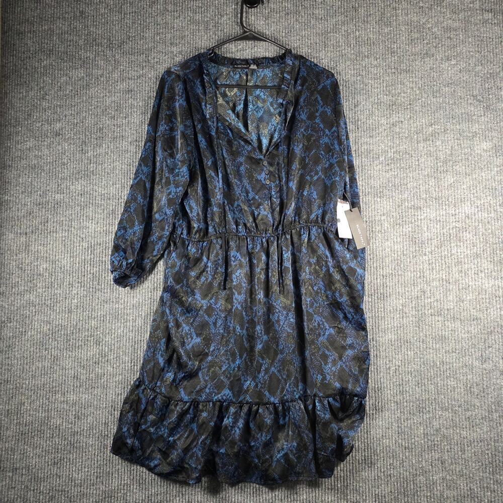 Black Tape Snake Print Dress Blue‎ Black Ruffle Hem Long Sleeve NWT size X
